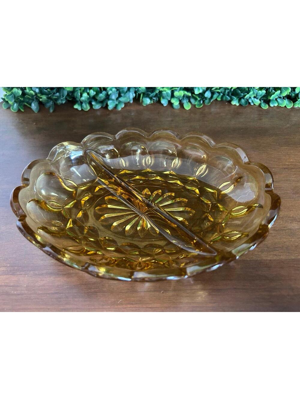 Vintage Anchor Hocking Fairfield Amber Divided Relish Dish Glass